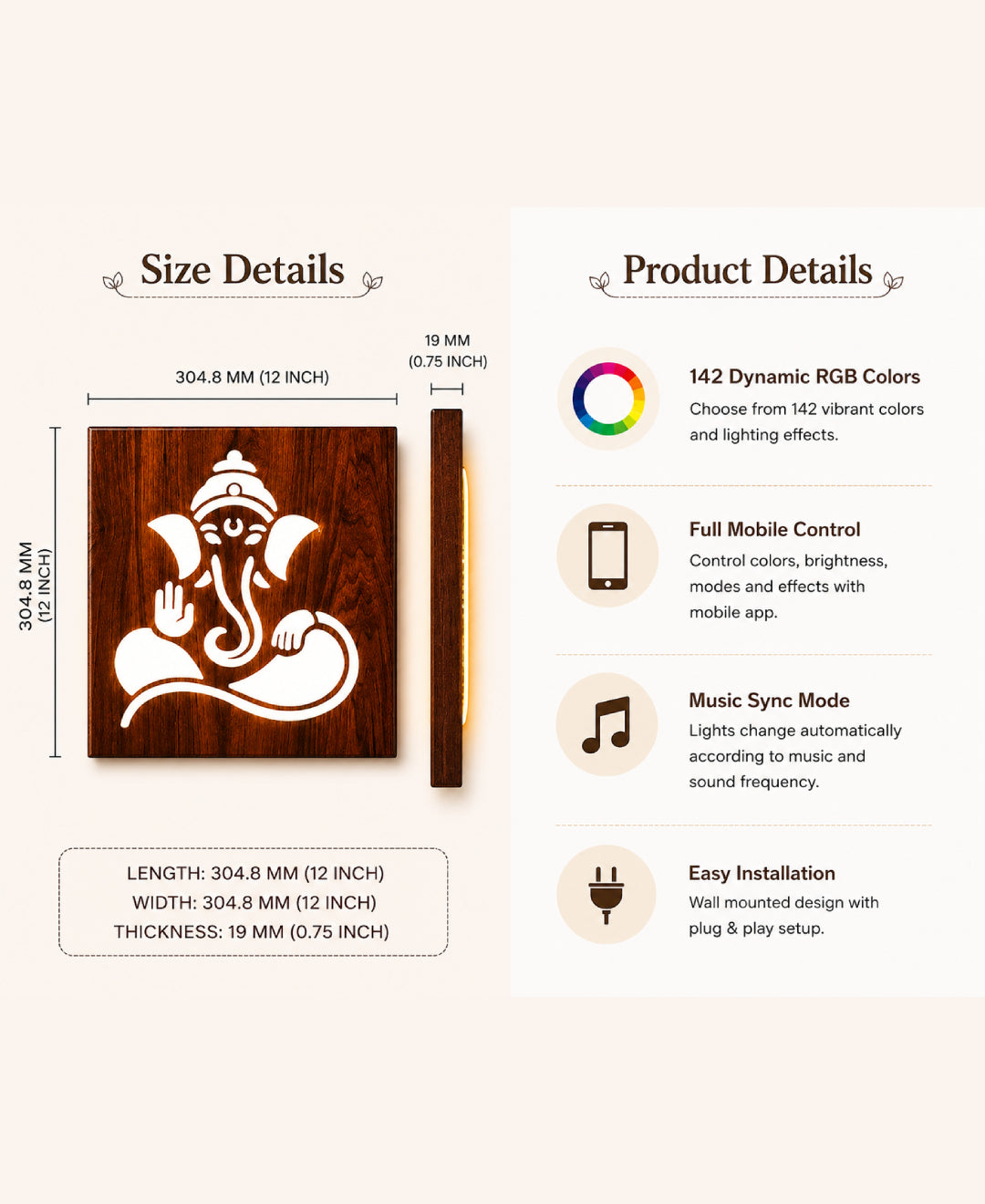 Divine Ganesha RGB Wall Light – 12 Inch Smart LED Spiritual Wall Décor with App Control & Music Sync
