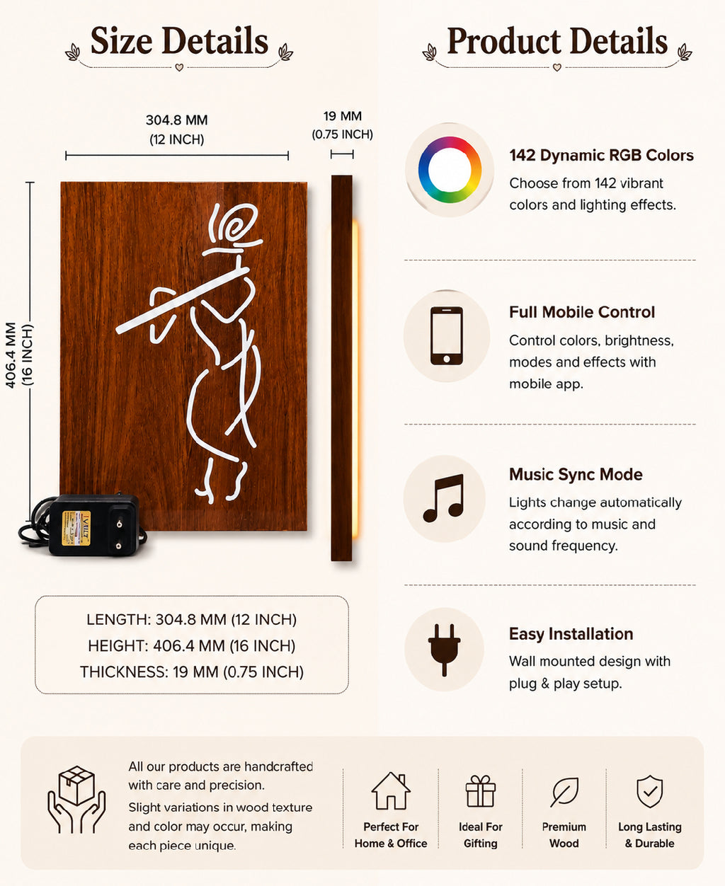 Lord Krishna RGB Wall Light – 12 x 16 Inch Smart LED Wooden Spiritual Wall Décor with App Control & Music Sync