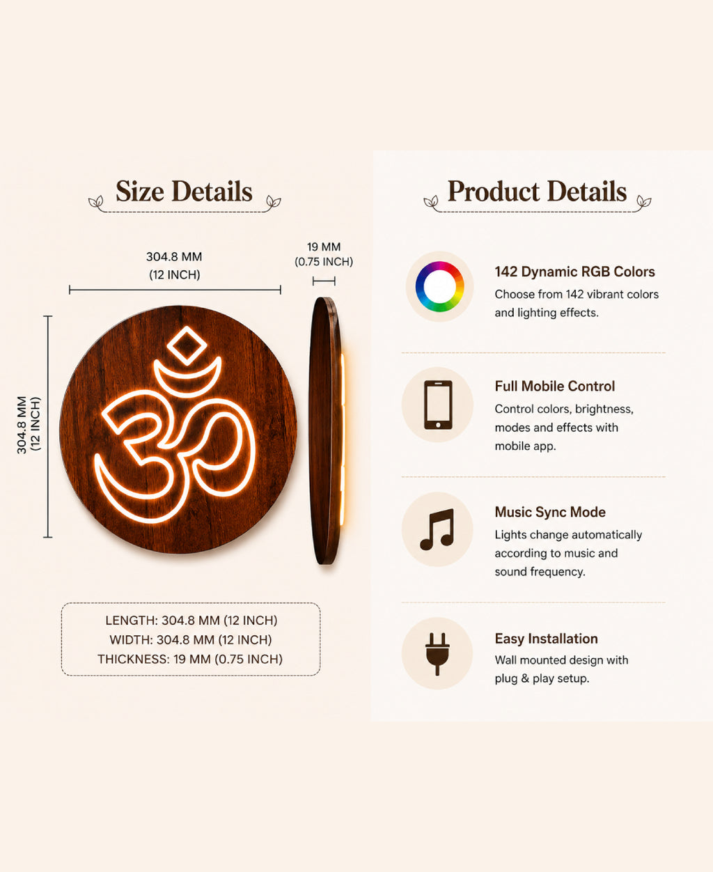Om RGB Wall Light – 12 Inch Smart LED Wooden Spiritual Wall Décor with App Control & Music Sync