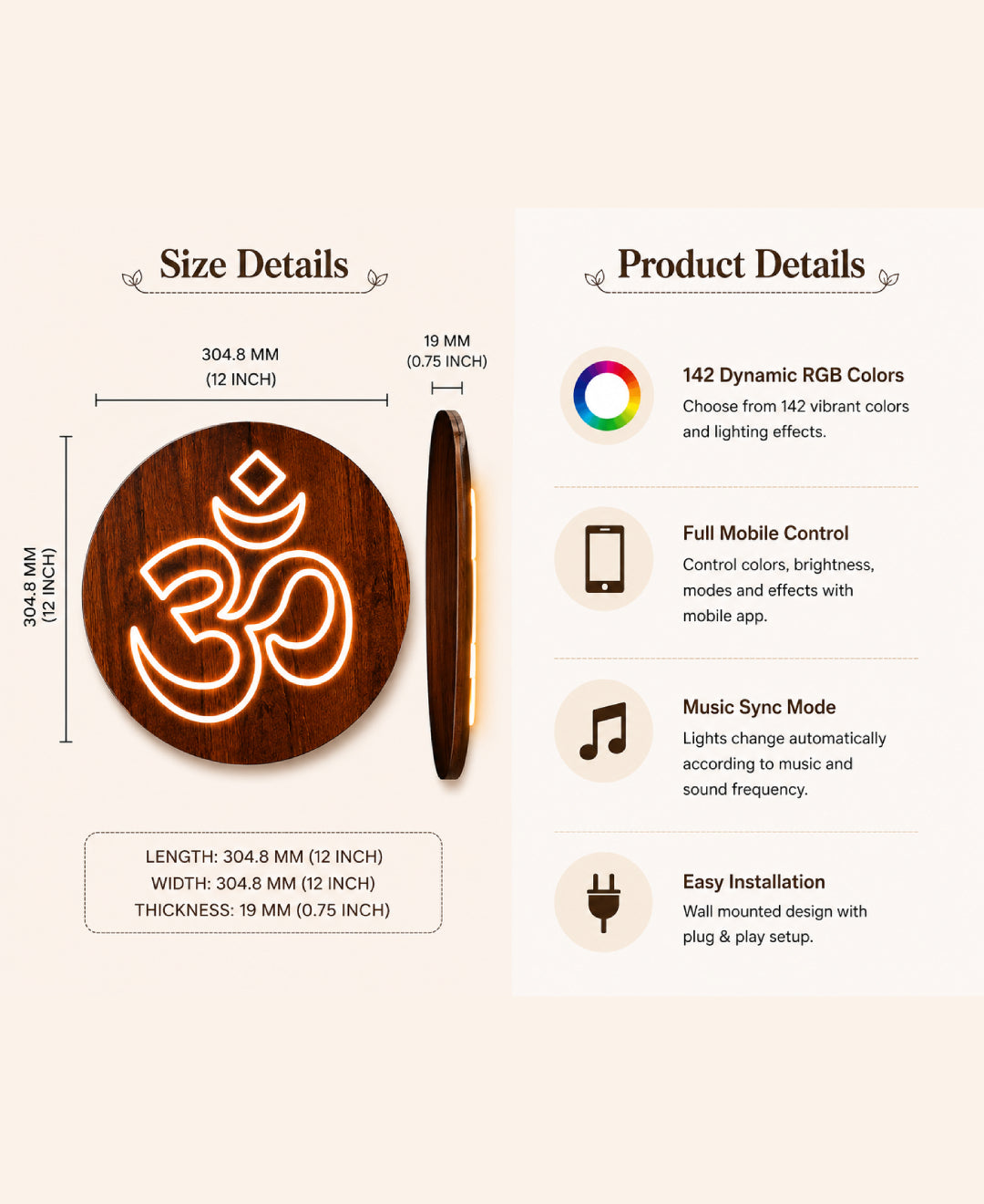 Om RGB Wall Light – 12 Inch Smart LED Wooden Spiritual Wall Décor with App Control & Music Sync