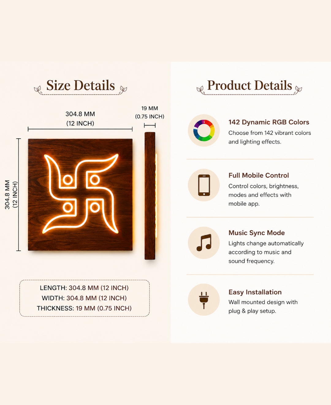 Swastik RGB Wall Light – 12 Inch Smart LED Wooden Spiritual Wall Décor with App Control & Music Sync