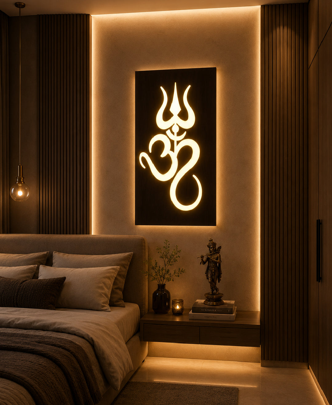 Om Trishul RGB Wall Light – 12 x 16 Inch Smart LED Wooden Spiritual Wall Décor with App Control & Music Sync
