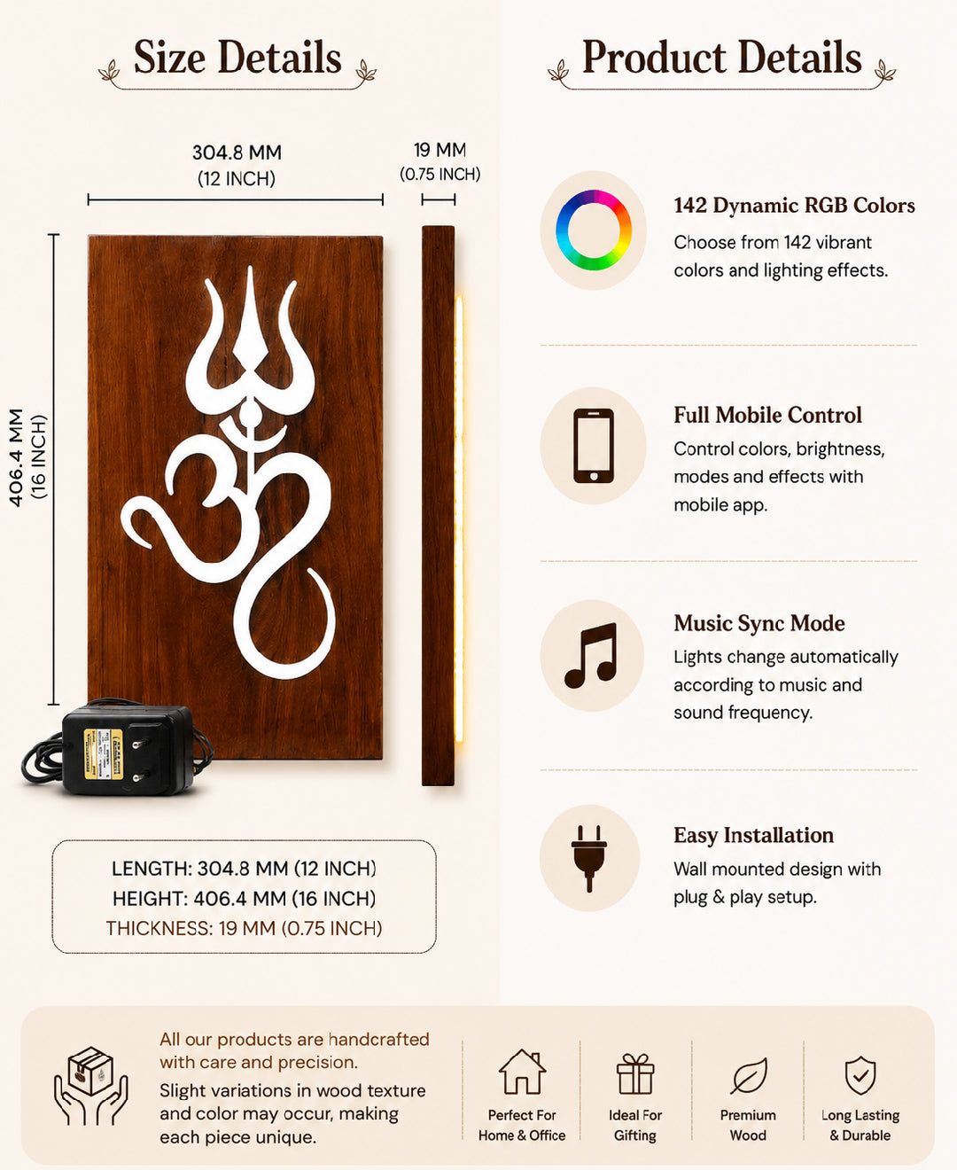 Om Trishul RGB Wall Light – 12 x 16 Inch Smart LED Wooden Spiritual Wall Décor with App Control & Music Sync