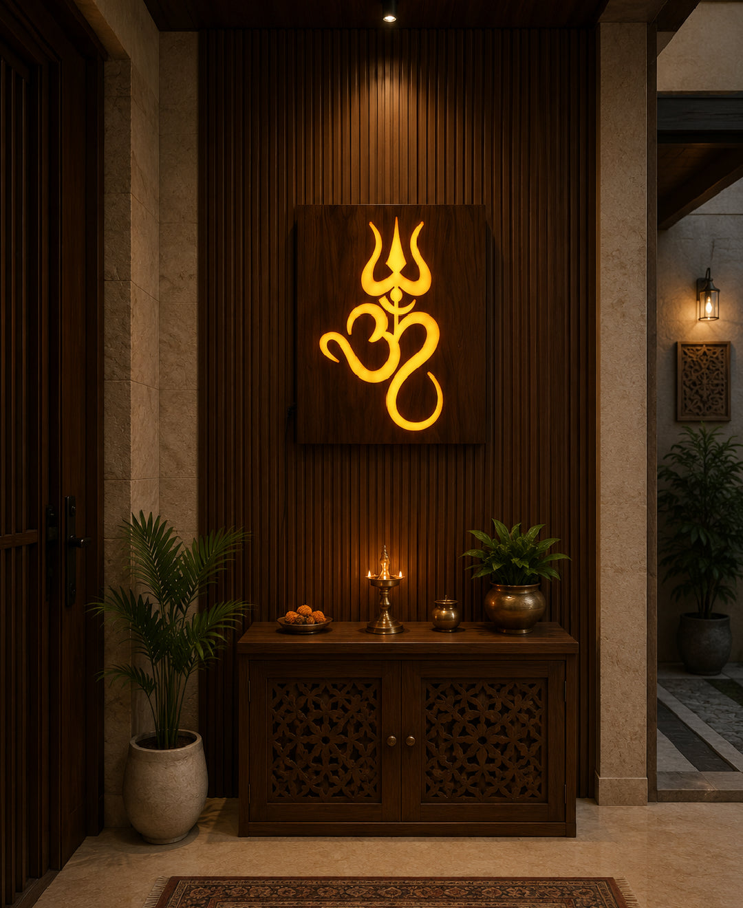 Om Trishul RGB Wall Light – 12 x 16 Inch Smart LED Wooden Spiritual Wall Décor with App Control & Music Sync