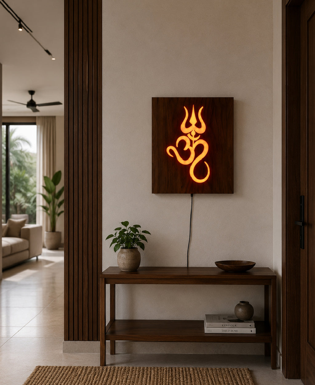 Om Trishul RGB Wall Light – 12 x 16 Inch Smart LED Wooden Spiritual Wall Décor with App Control & Music Sync