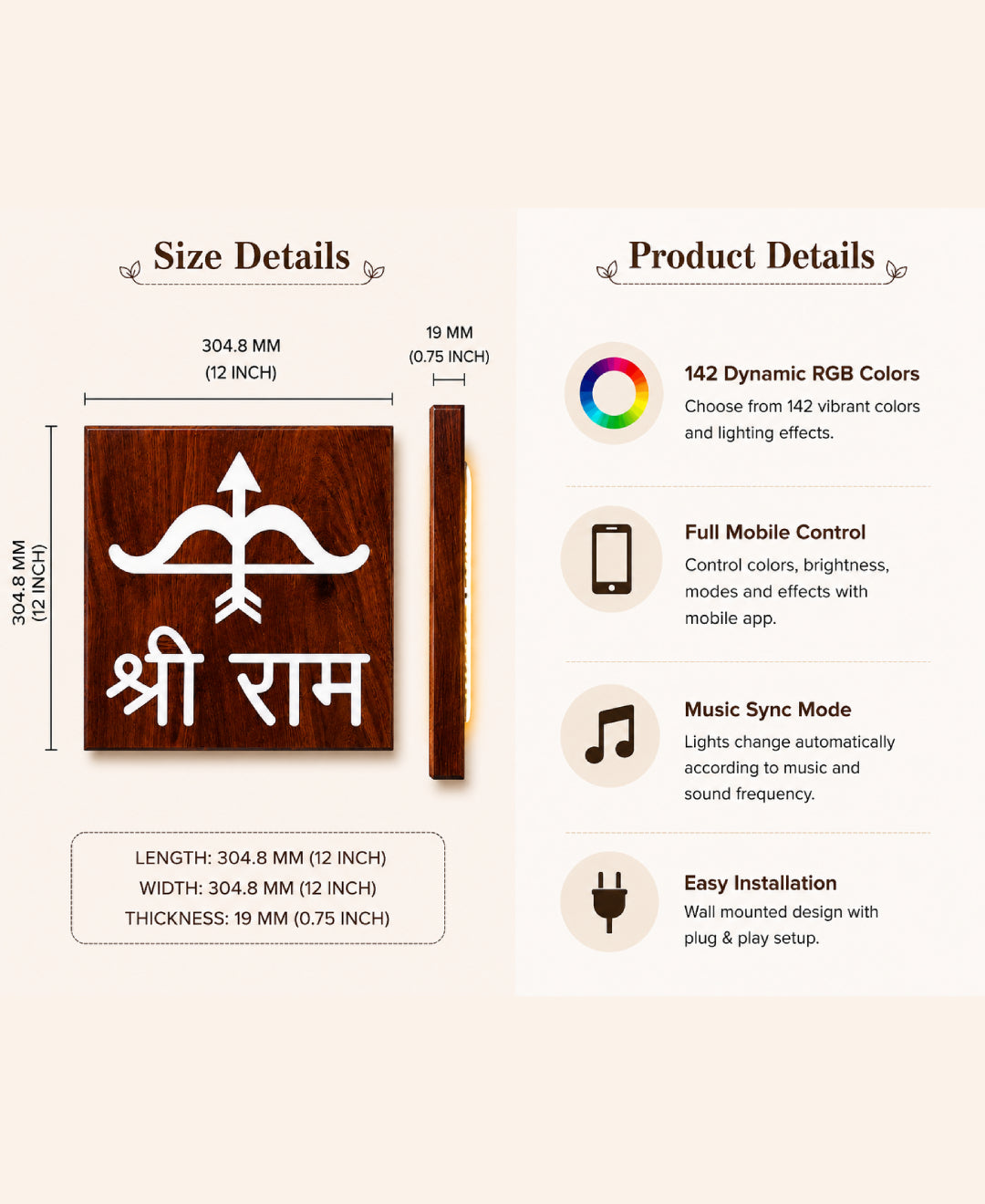 Shri Ram RGB LED Wall Light – 12 Inch Wooden Dhanush Baan Spiritual Wall Décor with App Control & Music Sync