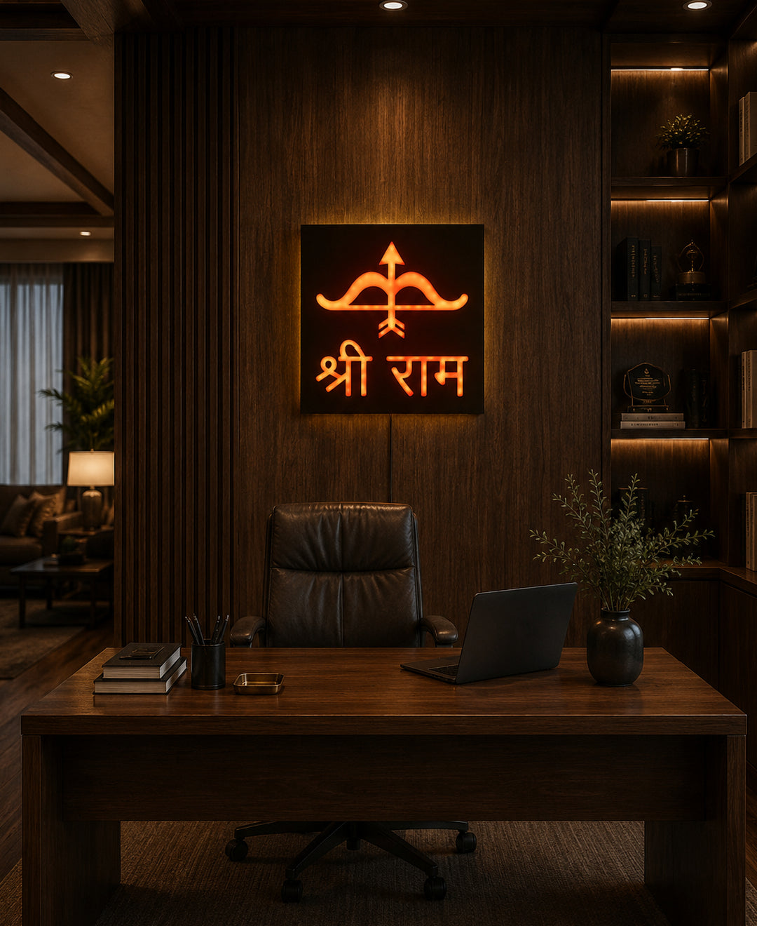 Shri Ram RGB LED Wall Light – 12 Inch Wooden Dhanush Baan Spiritual Wall Décor with App Control & Music Sync