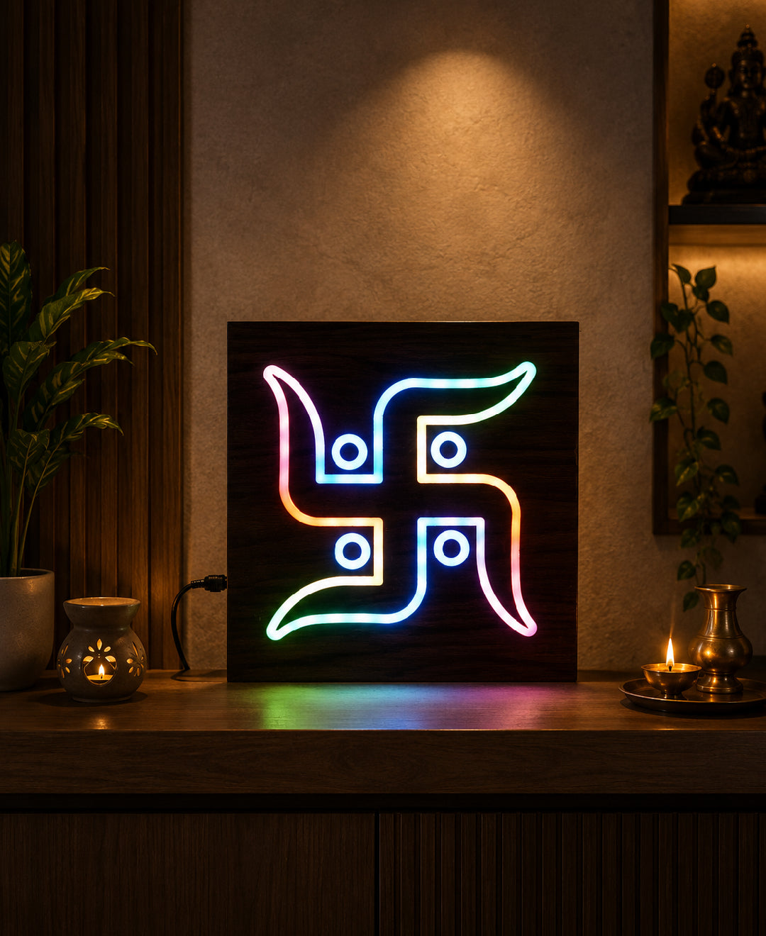 Swastik RGB Wall Light – 12 Inch Smart LED Wooden Spiritual Wall Décor with App Control & Music Sync